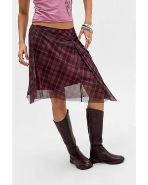 Urban Outfitters Uo Check Mesh Hitched Midi Skirt - Red