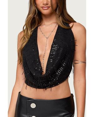 Edikted Fringed Sequin Backless Halteru00A0Top - Black