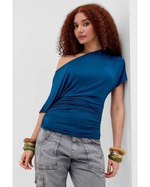 Silence + Noise Silence + Noise Sasha Slash Neck Ruched Waist T-shirt - Blue