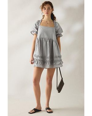 Daisy Street Seersucker Cotton Puff Sleeve Mini Dress - Gray