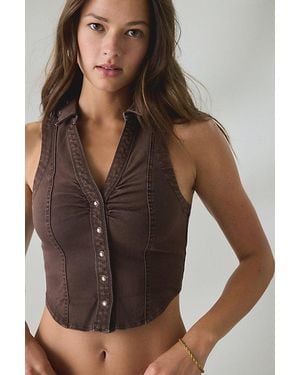 BDG Rae Snap-Front Cropped Denim Vest Top Jacket - Brown