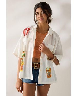 BDG Keepsake Souvenir Graphic Short Sleeve Button-Up Shirt Top - Natural