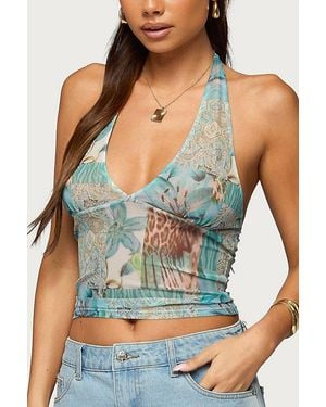 Edikted Catie Printed Mesh Halter Top - Blue