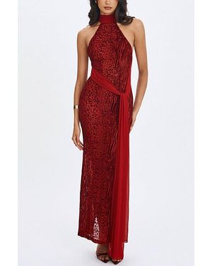 Miss Circle Cerise Burnout Velvet High Neck Maxi Dress - Red