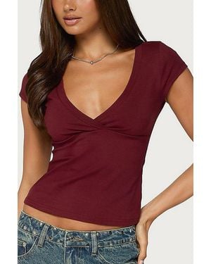 Edikted Penelopy Overlap V Neck T Shirt Top - Red