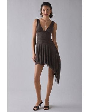 Urban Outfitters Uo Be My Darling Studded Mesh Asymmetric Mini Dress - Brown