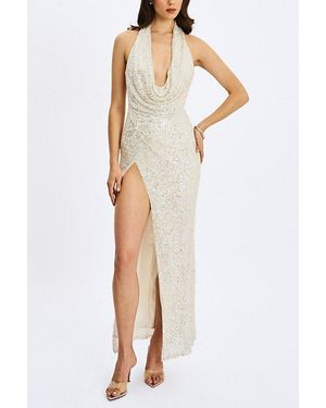 Miss Circle Niamh Beaded Cowl Halter Backless Maxi Dress - Metallic