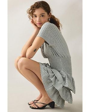 Daisy Street Polka Dot Smocked Drop Waist Ruffle Romper - Grey