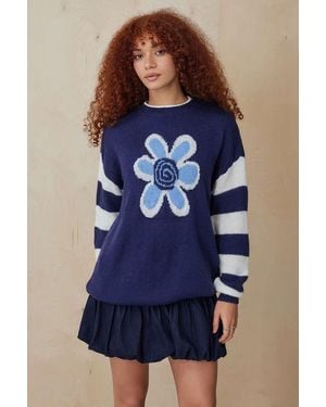 Daisy Street Flower Knit Jumper - Blue