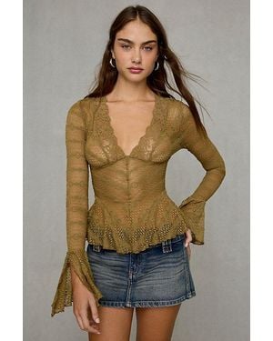 Kimchi Blue Irene Sheer Lace Ruffle Bell Sleeve Top - Metallic