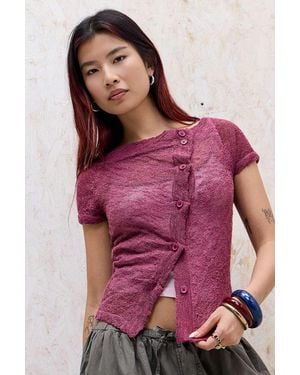 BDG Rue Slash Neck Asymmetric Button Knit Top - Red