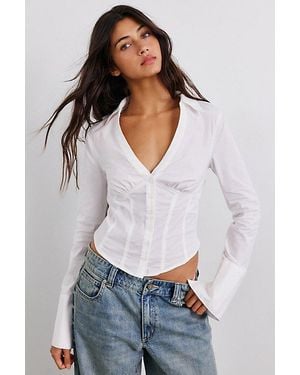 BDG Aria V-Neck Long Sleeve Slim Button-Down Shirt - White