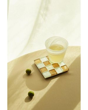 Subtle Studios Chocolate Checkered Glass Tile Coaster - Yellow