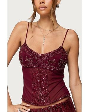 Edikted Azelia Beaded Sheer Chiffon Top - Red