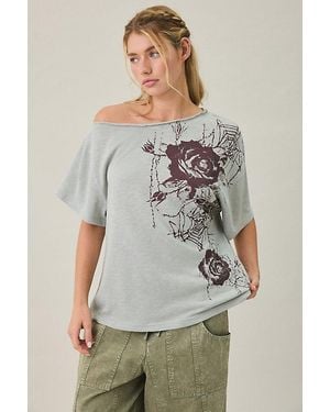 BDG Courtney Graphic Off-The-Shoulder Oversized Tee - Grey