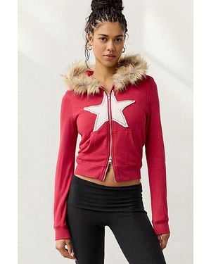Out From Under Bundle Up Faux Fur Trim Zip-Up Hoodie Sweatshirt - Red