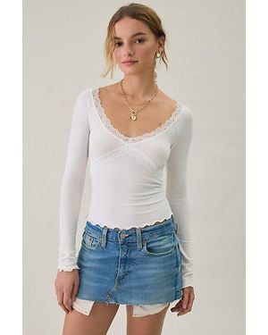 Out From Under Diana Plunging Lace Trim Long Sleeve Top - White