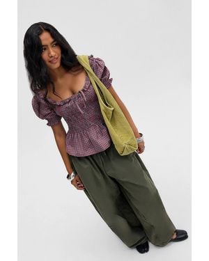 Daisy Street Shirred Check Short Sleeve Top Uk 6 At Urban Outfitters - Brown
