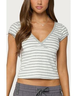 Edikted Laia Striped V Neck T Shirt Top - Grey