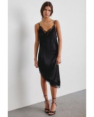 Kimchi Blue Cross My Heart Asymmetric Lace Trim Satin Midi Dress - Black