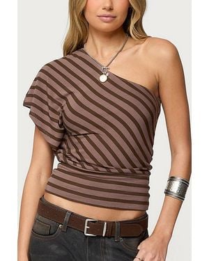 Edikted Asymmetric Striped One Shoulder Top - Brown