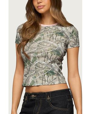 Edikted Alaia Contrast Camo T Shirt Top - Brown
