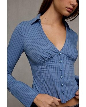 BDG Aria V-Neck Long Sleeve Slim Button-Down Shirt - Blue
