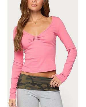 Edikted Varla Long Sleeve V Neck Top - Pink