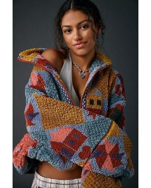 BDG Mae Printed Piled Fleece Zip-Up Jacket - Brown