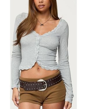 Edikted Gayle Lacey V Neck Long Sleeve Top - Gray