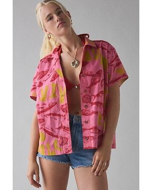 BDG Asher Printed Souvenir Short Sleeve Button-Down Shirt - Red