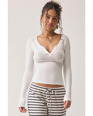 Out From Under Diana Ribbed Picot Trim Long Sleeve Henley Top - White