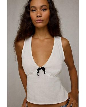 BDG Samia Bow Detail Plunging V-Neck Tank Top - White