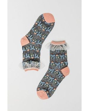 Sock Candy Floral Bow Ruffle Sheer Sock - Blue
