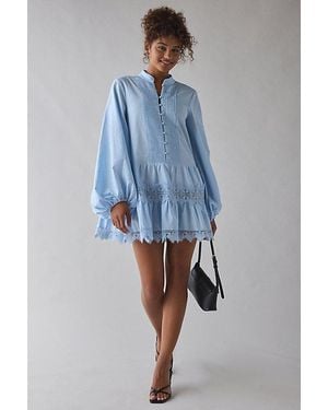 Bardot Antonia Lace Trim Balloon Sleeve Shirt Dress - Blue