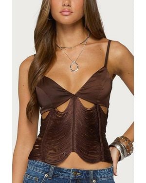 Edikted Dulcy Cutout Fringed Satin Effect Top - Brown
