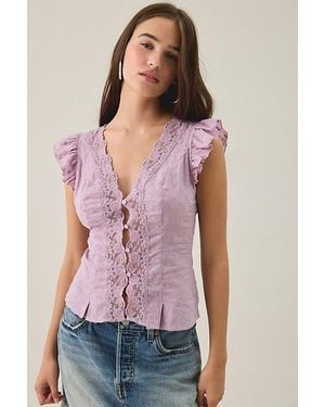 Kimchi Blue Aurelia Lace Trim Flutter Sleeve Blouse - Pink