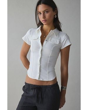 Silence + Noise Polly Slim Short Sleeve Snap-Button Shirt Top - Blue