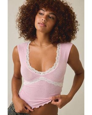 Out From Under Diana Plunging Lace Trim Cap Sleeve Top - Purple