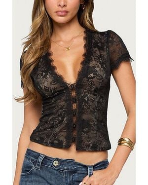 Edikted Chai Sheer Lace V Neck Top - Black