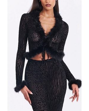 Miss Circle Hali Animal Print Burnout Velvet Fur Trim Top - Black