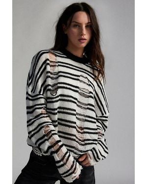 The Ragged Priest Dexter Distressed Striped Crew Neck Sweater - Black