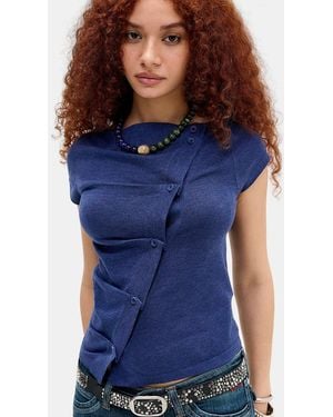 BDG Rue Slash Neck Asymmetric Button Fine Knit Top - Blue