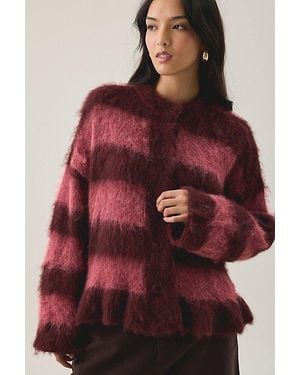 The Ragged Priest Heather Striped Ruffle Hem Cardigan - Red