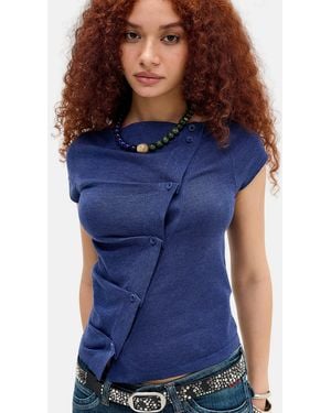 BDG Rue Slash Neck Asymmetric Button Fine Knit Top - Blue