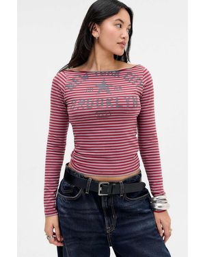 Urban Outfitters Uo New York Stripe Slash Neck Long Sleeve T-shirt - Red