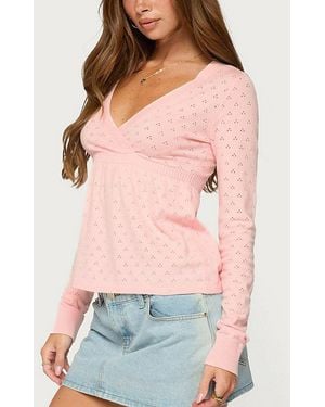 Edikted Basha Pointelle Knit V Neck Top - Red