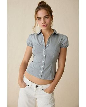 Kimchi Blue Clover Rounded Collar Short Sleeve Button-Down Shirt - Blue