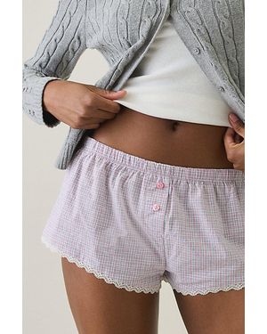 Out From Under Checked Out Lace Trim Cotton Boxer Micro Shorts - Gray