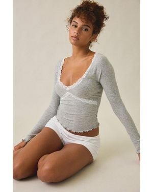 Out From Under Diana Plunging Lace Trim Long Sleeve Top - Gray
